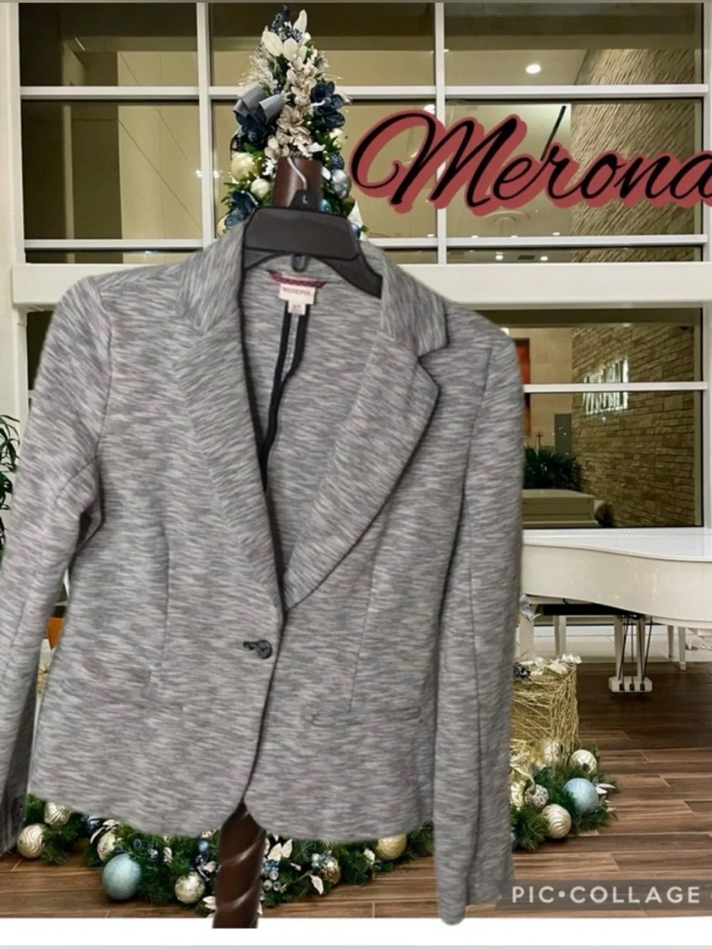 Merona  Gray &  White Single Button Collared notched lapel Blazer  Pockets SZ L